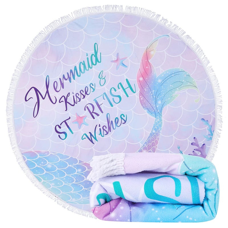 LIVILAN Oversized Round Mermaid Beach Towel, Lightweight Microfiber Super Absorbent and Sand Proof Beach Towel, 59â€Soft Thin Meditation Mat Tapestry with Tassels for Women Girls - Image 1