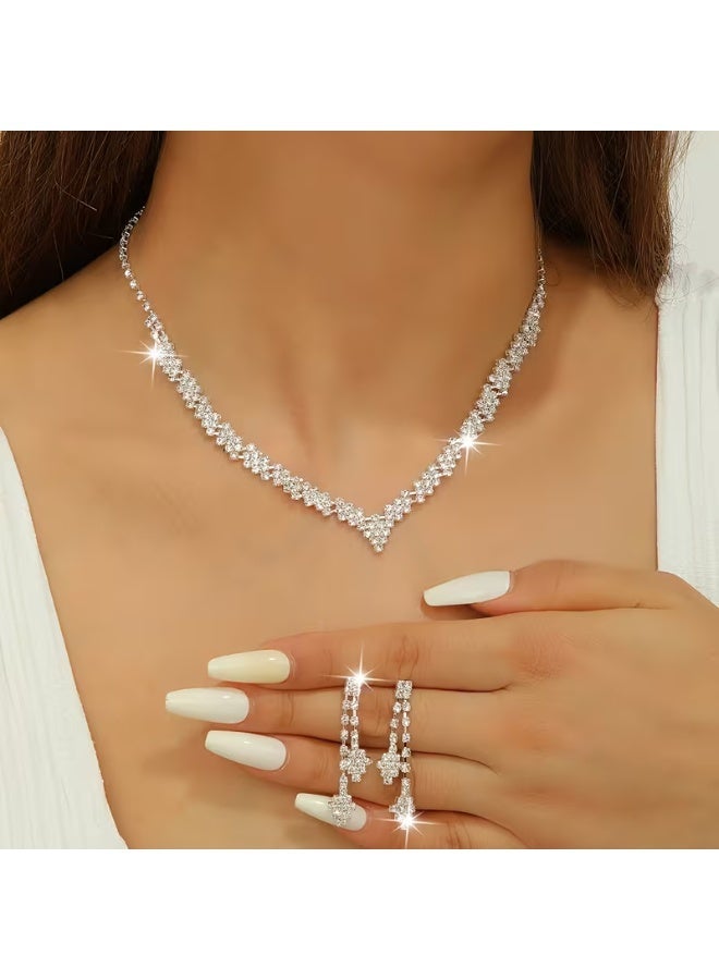 roaiss 2 Piece Silver Tone Plated Bridal Jewelry Set, Elegant V-Shaped Necklace and Drop Dangle Earrings, Sparkling Allover Crystal Wedding Jewelry Set for Brides, Glamorous Rhinestone Inlaid Jewelry Set for Prom Evening Party Pageant Formal Events, Gift for Girlfriend Wife Mother Bridesmaids - Image 1