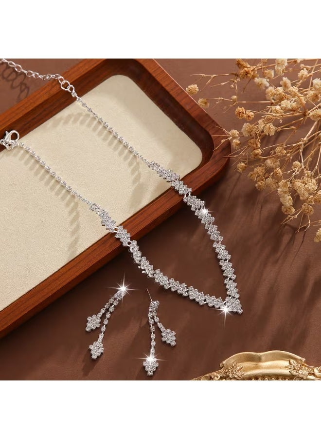roaiss 2 Piece Silver Tone Plated Bridal Jewelry Set, Elegant V-Shaped Necklace and Drop Dangle Earrings, Sparkling Allover Crystal Wedding Jewelry Set for Brides, Glamorous Rhinestone Inlaid Jewelry Set for Prom Evening Party Pageant Formal Events, Gift for Girlfriend Wife Mother Bridesmaids - Image 4