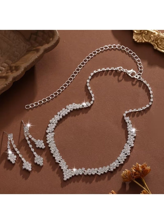 roaiss 2 Piece Silver Tone Plated Bridal Jewelry Set, Elegant V-Shaped Necklace and Drop Dangle Earrings, Sparkling Allover Crystal Wedding Jewelry Set for Brides, Glamorous Rhinestone Inlaid Jewelry Set for Prom Evening Party Pageant Formal Events, Gift for Girlfriend Wife Mother Bridesmaids - Image 5