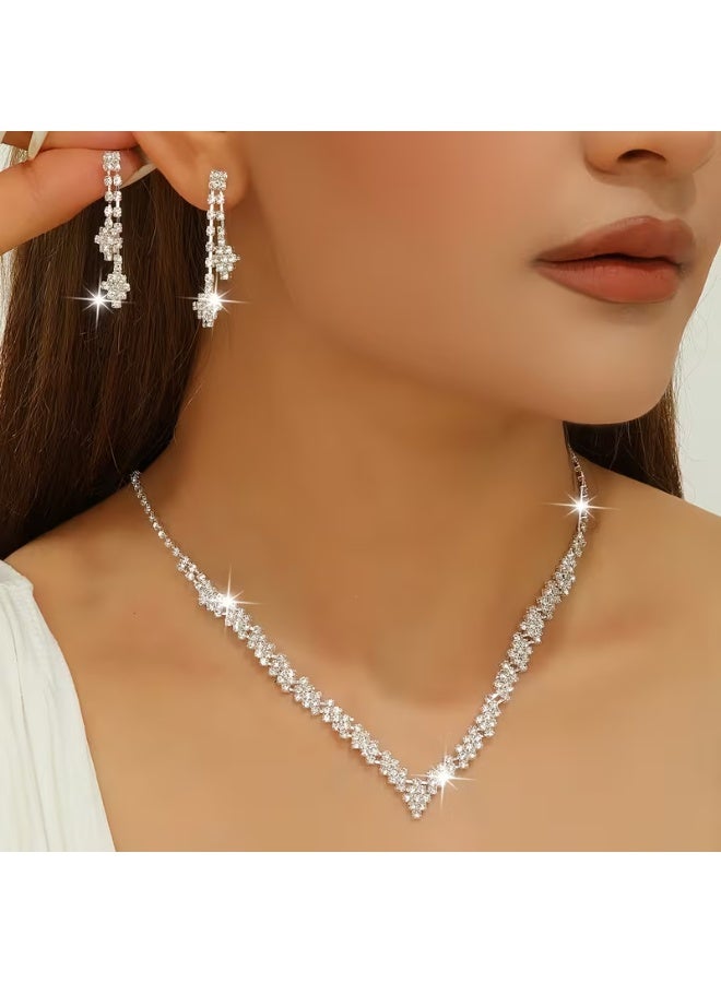 roaiss 2 Piece Silver Tone Plated Bridal Jewelry Set, Elegant V-Shaped Necklace and Drop Dangle Earrings, Sparkling Allover Crystal Wedding Jewelry Set for Brides, Glamorous Rhinestone Inlaid Jewelry Set for Prom Evening Party Pageant Formal Events, Gift for Girlfriend Wife Mother Bridesmaids - Image 2