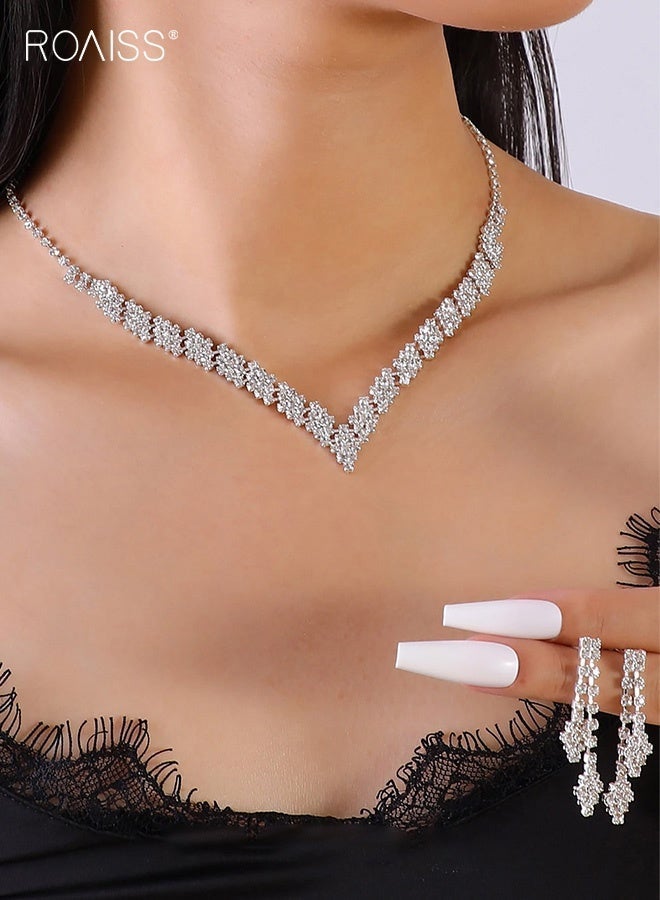 roaiss 2 Piece Silver Tone Plated Bridal Jewelry Set, Elegant V-Shaped Necklace and Drop Dangle Earrings, Sparkling Allover Crystal Wedding Jewelry Set for Brides, Glamorous Rhinestone Inlaid Jewelry Set for Prom Evening Party Pageant Formal Events, Gift for Girlfriend Wife Mother Bridesmaids - Image 3