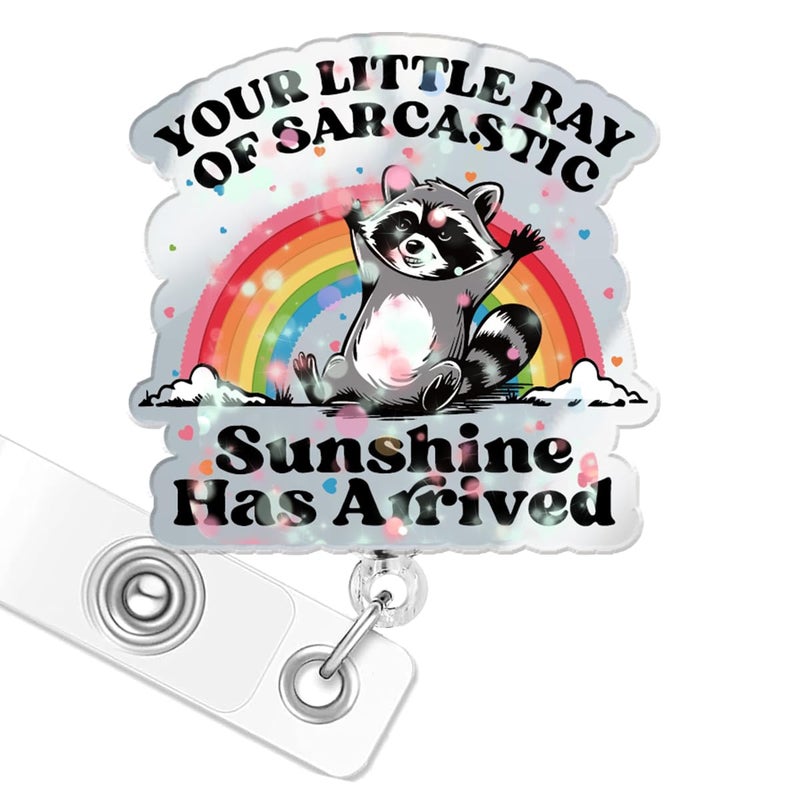 963RW Funny Raccoon Badge Reel  Retractable Holder Glitter With Clip Name Tag Card  Cute Acrylic Id Accessory Badge Reels For Nurse Nursing  Rn  Doctor  Mri Safe - Image 1