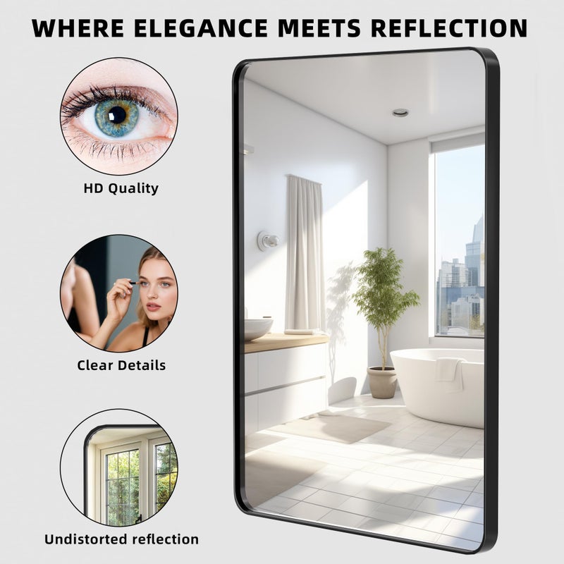 Kosmonia 30x22 Bathroom Vanity Mirror for Wall, Aluminum Framed, Farmhouse Rectangle, Anti-Rust, HD Reflection Anti-Desilvering, Distortion Free, Tempered and Shatter-Proof Wall Mounted Mirror, Black - Image 2