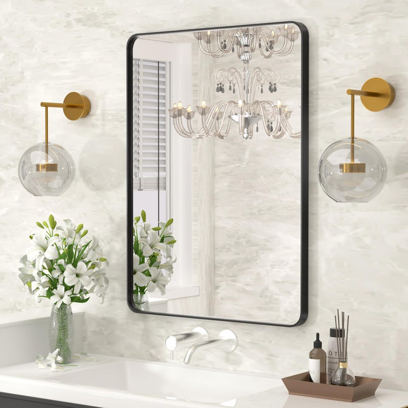 Kosmonia 30x22 Bathroom Vanity Mirror for Wall, Aluminum Framed, Farmhouse Rectangle, Anti-Rust, HD Reflection Anti-Desilvering, Distortion Free, Tempered and Shatter-Proof Wall Mounted Mirror, Black - Image 1