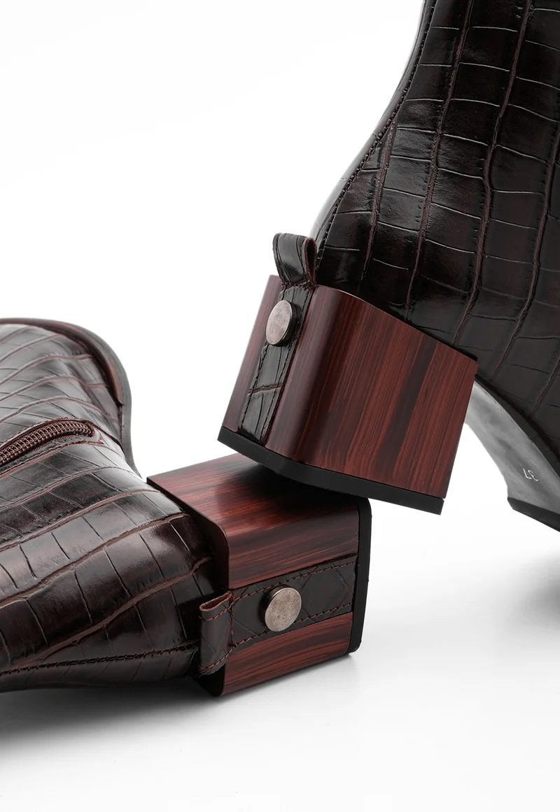 مارجين Margin Women's Heeled Boots Blunt Toe Wooden Heel Zippered Sayen