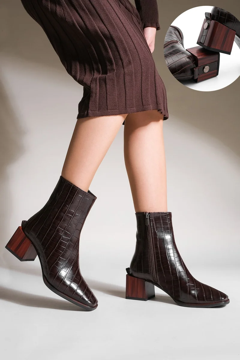مارجين Margin Women's Heeled Boots Blunt Toe Wooden Heel Zippered Sayen
