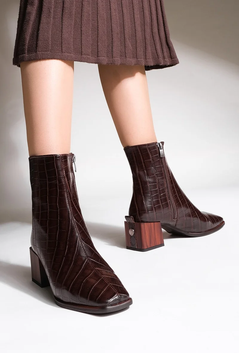 مارجين Margin Women's Heeled Boots Blunt Toe Wooden Heel Zippered Sayen