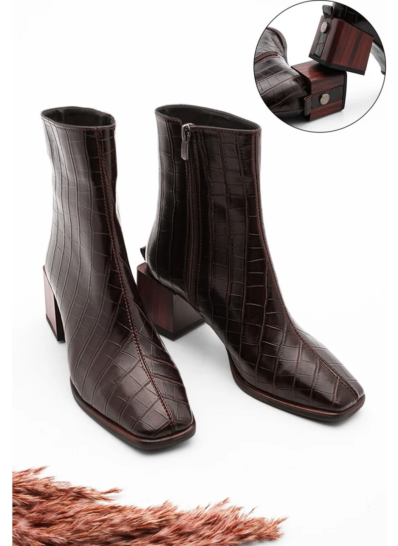 مارجين Margin Women's Heeled Boots Blunt Toe Wooden Heel Zippered Sayen
