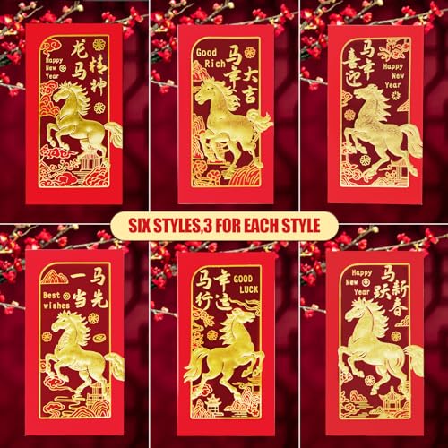 Tyalfrich Chinese New Year Red Envelopes, Lunar New Year Envelopes Decorations 2026 New Years Eve Party Supplies, Year of the Horse 2026 Red Envelope Chinese New Year Gifts with 6 Gold Embossed Patterns-18 Pcs - Image 4