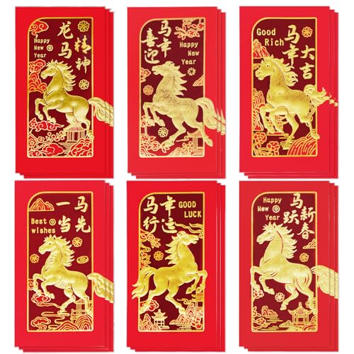 Tyalfrich Chinese New Year Red Envelopes, Lunar New Year Envelopes Decorations 2026 New Years Eve Party Supplies, Year of the Horse 2026 Red Envelope Chinese New Year Gifts with 6 Gold Embossed Patterns-18 Pcs - Image 1