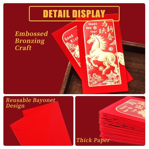 Tyalfrich Chinese New Year Red Envelopes, Lunar New Year Envelopes Decorations 2026 New Years Eve Party Supplies, Year of the Horse 2026 Red Envelope Chinese New Year Gifts with 6 Gold Embossed Patterns-18 Pcs - Image 3
