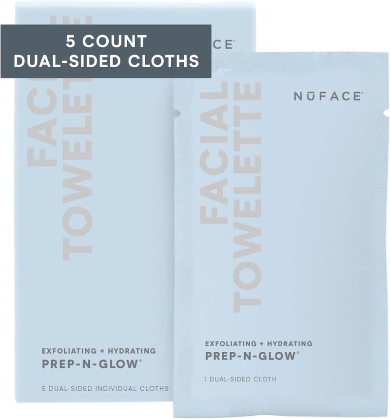 مناديل الوجه NuFACE PrepNGlow 2 في 1 مقشر ومنظف مزيل مكياج حمض الهيالورونيك مناديل وجه للسفر لترطيب وإشراق البشرة 5 مناديل مغلفة بشكل فردي