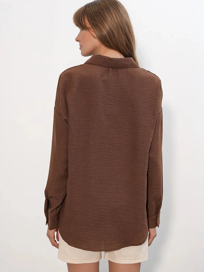 Big Dart Walnut Brown BDART Embroidered Long Sleeve Shirt with Button Closure for Women | Best Price UAE