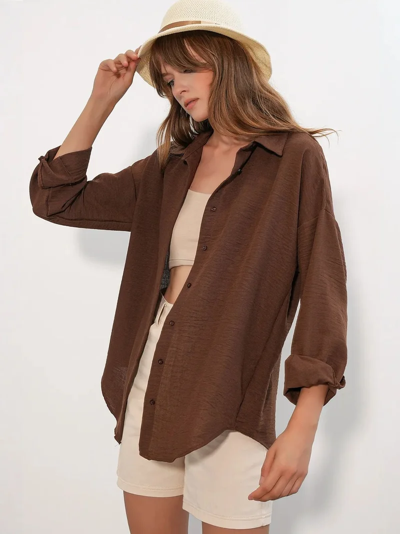 Big Dart Walnut Brown BDART Embroidered Long Sleeve Shirt with Button Closure for Women | Best Price UAE