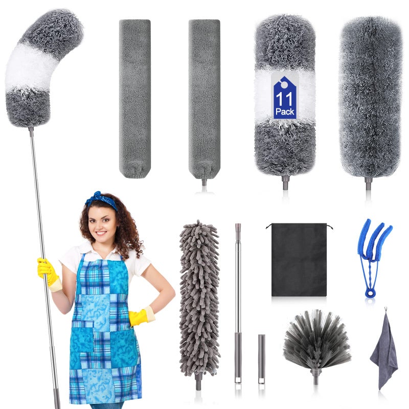 Microfiber Duster Kit 11PCS  Washable Dusters with Extension Pole 30 to 100 in for Cleaning Ceilings Fans Furniture