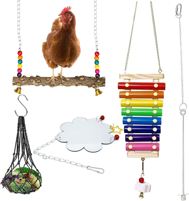 Allazone NA Allazone 5 PCS Chicken Toys for Hens Chicken, Colorful Chicken Swing Toys Swing Perch Stand, Chicken Vegetable Hanging Feeder, Chicken Mirror Toy with Bell for Hens Parrot Bird - Image 1