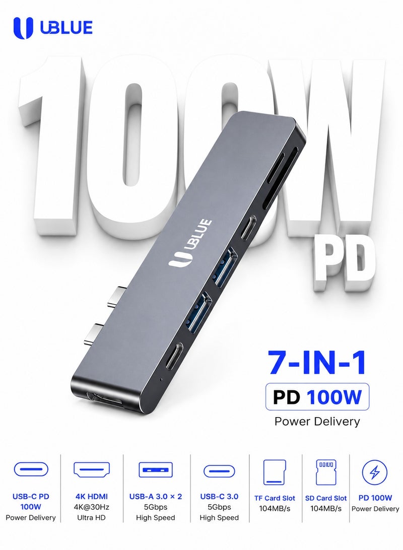 يوبلو محول UBLUE USB-C متعدد المنافذ، 7 في 2، يدعم منفذ USB-C، وHDMI بدقة 4K بمعدل 60 هرتز، وUSB-C PD، وSD/MicroSD، ومنفذي USB-A، باللون الرمادي، متوافق مع أجهزة Macbook Pro/Air M1 وM2 وM2 Max. - Image 1