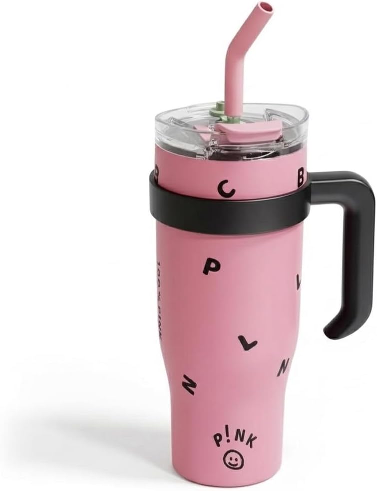 AoMige 40oz Printed Stainless Steel Tumbler with Handle & Straw Lid, Double Wall Vacuum Insulated Travel Mug, Cupholder Friendly Reusable Water Cup for Hot Cold Drinks, Gift for Men Women（Pink） - Image 1