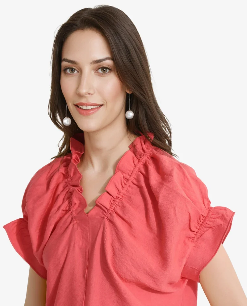 Rareism Women's Ruffle Neck Half Sleeve Casual Top
