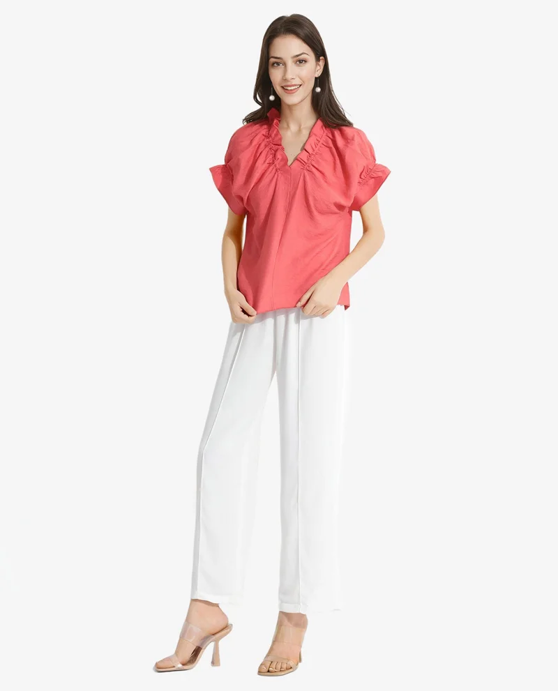 Rareism Women's Ruffle Neck Half Sleeve Casual Top