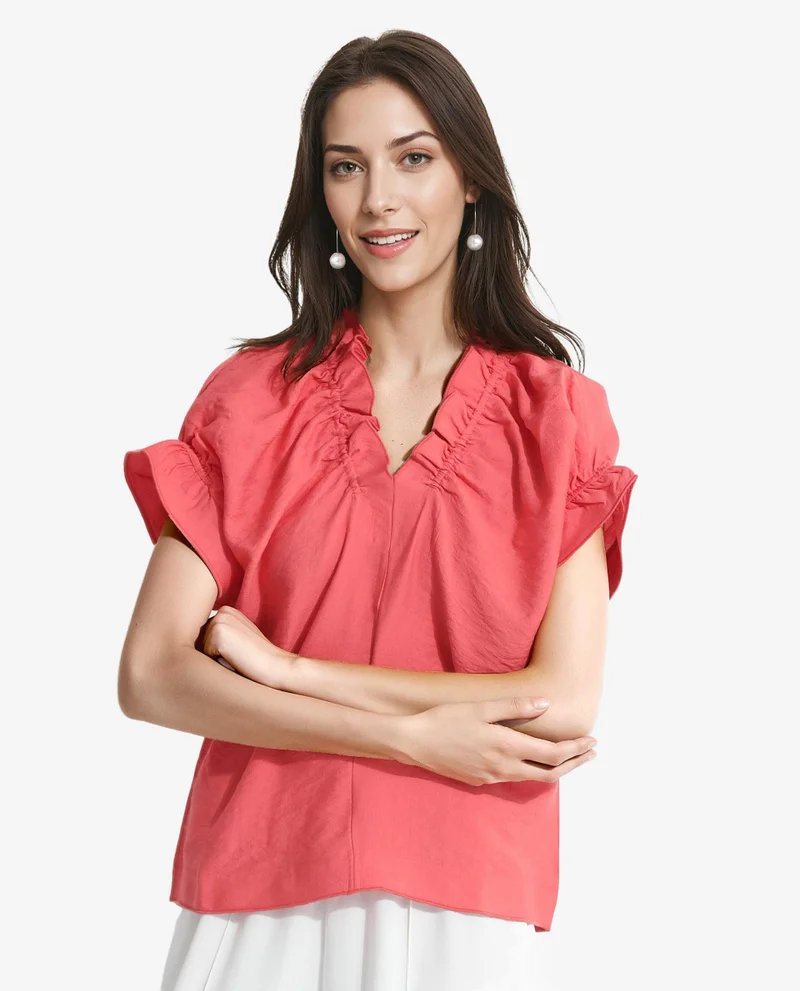 Rareism Women's Ruffle Neck Half Sleeve Casual Top