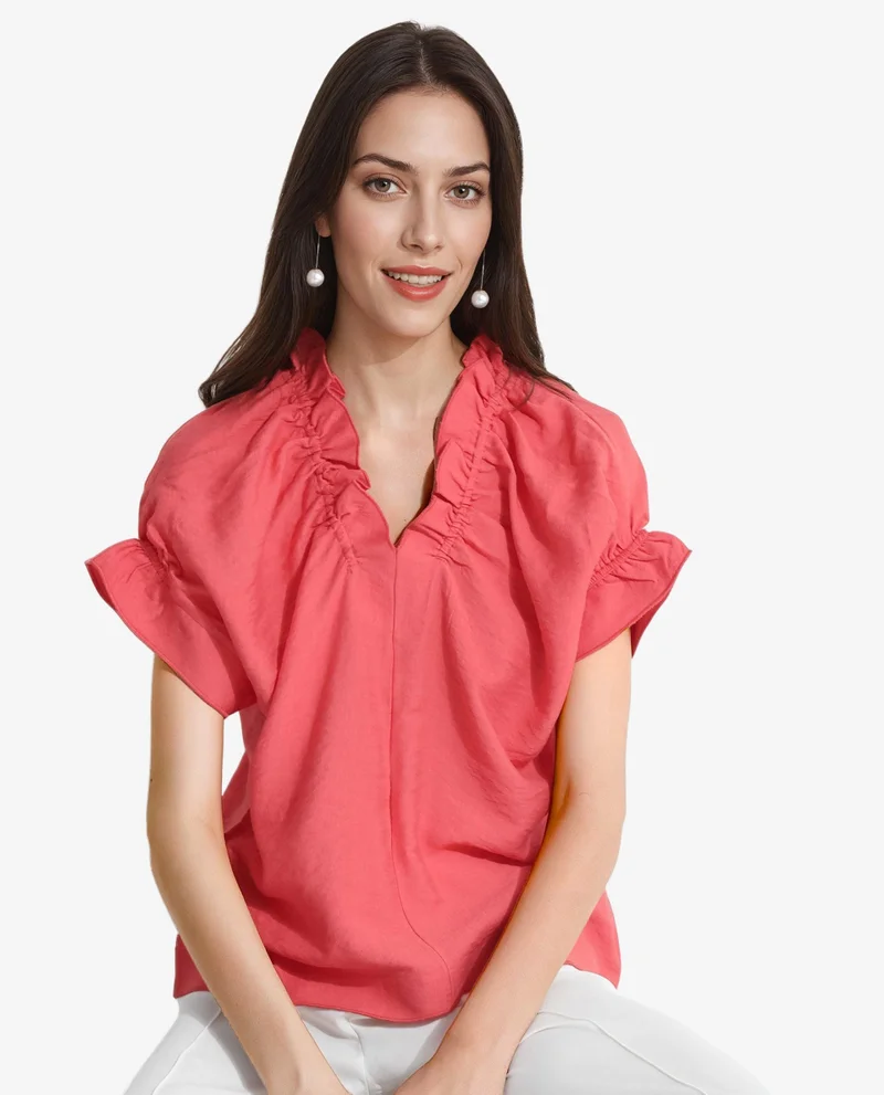 Rareism Women's Ruffle Neck Half Sleeve Casual Top