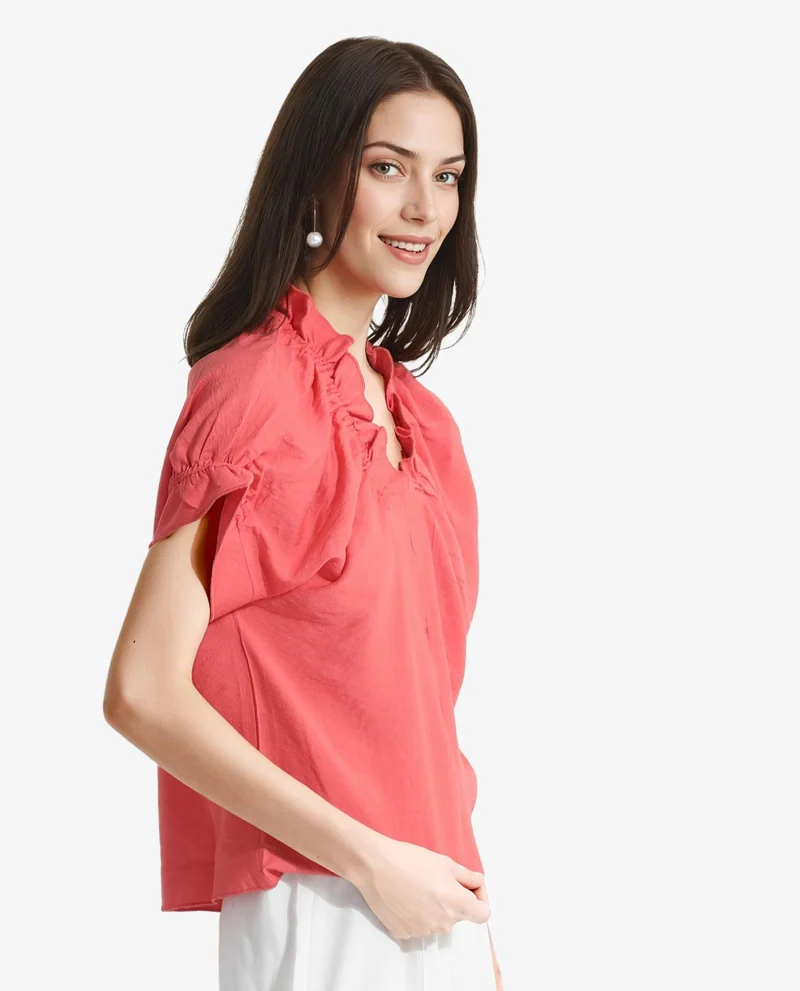 Rareism Women's Ruffle Neck Half Sleeve Casual Top