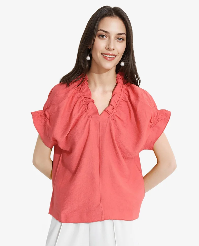 Rareism Women's Ruffle Neck Half Sleeve Casual Top