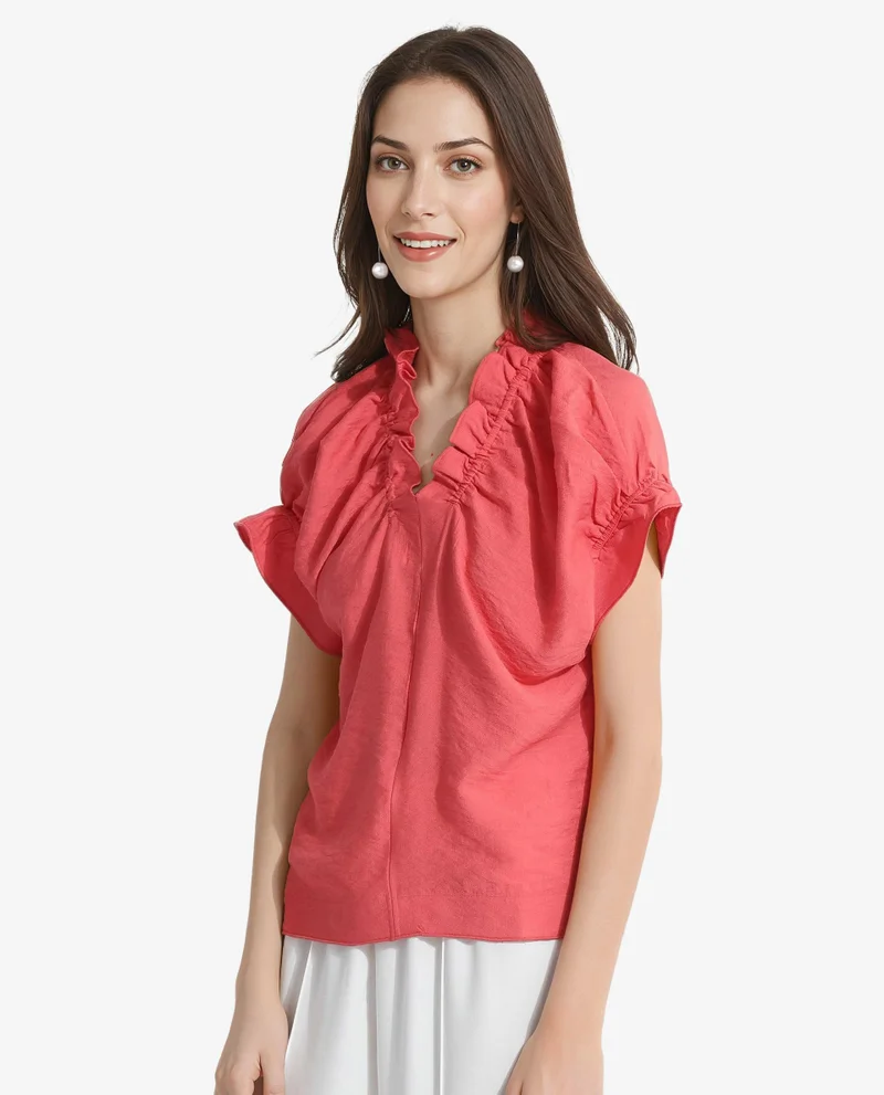 Rareism Women's Ruffle Neck Half Sleeve Casual Top