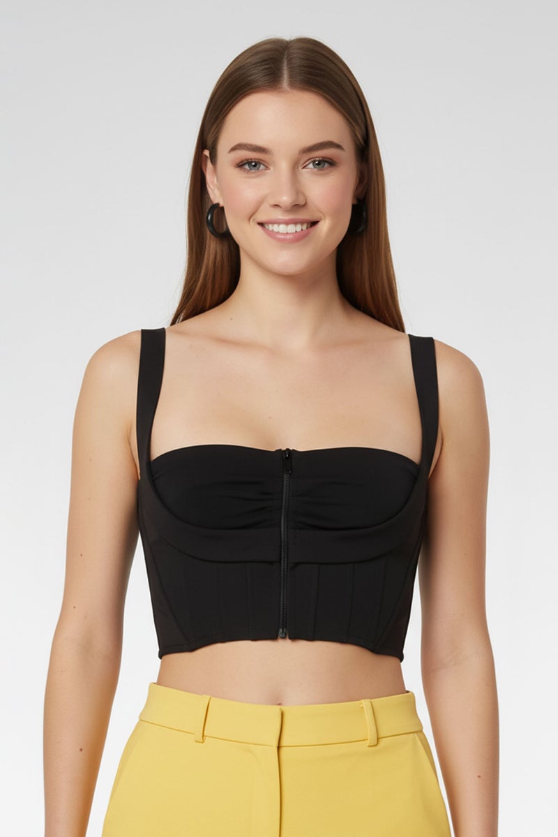 PINKO Women Square Neck Sleeveless Plain Crop Top, Black - Image 1