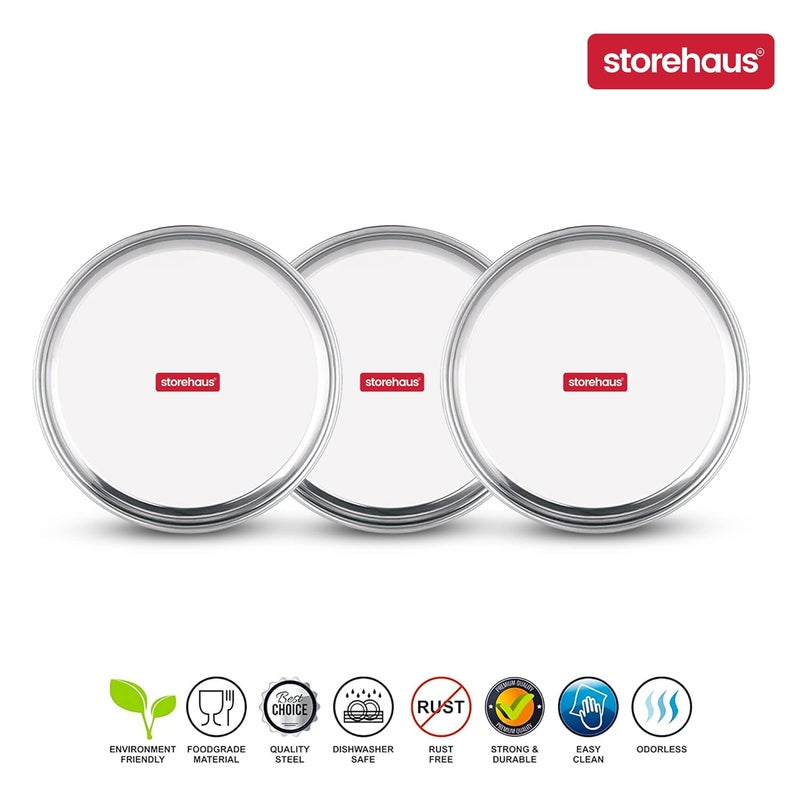 Storehaus Stainless Steel 3pc Thali Plate12 inch Kitchenware Set Ideal for Home Restaurants and Family Use Silver - Image 3