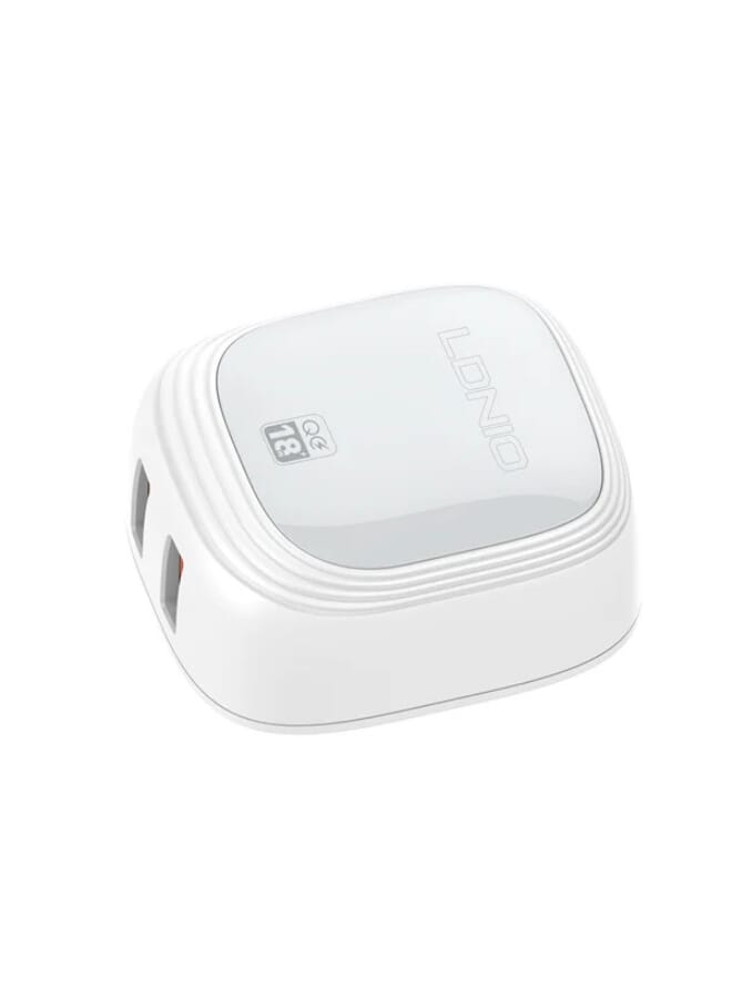 LDNIO A2512Q شاحن حائط سريع عالي الجودة بقابس الاتحاد الأوروبي ومنفذ USB مزدوج بقدرة 18 وات مع كابل USB من النوع C - أبيض - Image 2