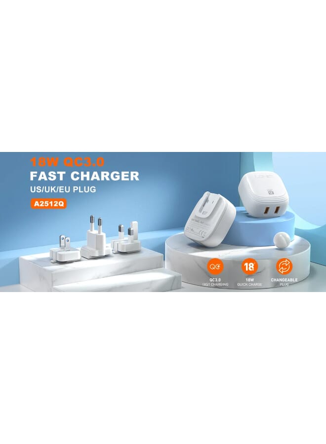 LDNIO A2512Q شاحن حائط سريع عالي الجودة بقابس الاتحاد الأوروبي ومنفذ USB مزدوج بقدرة 18 وات مع كابل USB من النوع C - أبيض - Image 5