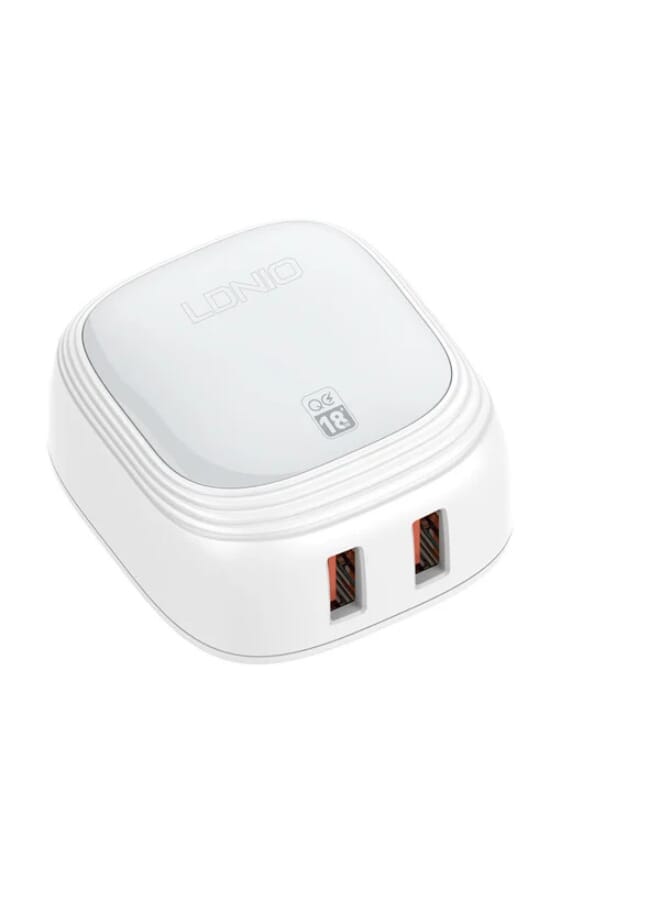 LDNIO A2512Q شاحن حائط سريع عالي الجودة بقابس الاتحاد الأوروبي ومنفذ USB مزدوج بقدرة 18 وات مع كابل USB من النوع C - أبيض - Image 3