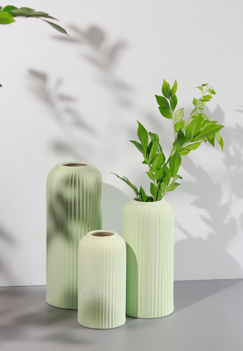 Craftribal's Modern Ceramic Flower Vase for Living Room, Set of 3 Flower Pots for Home Decoration, Vertical Striped Line Vase Light Green - Image 1
