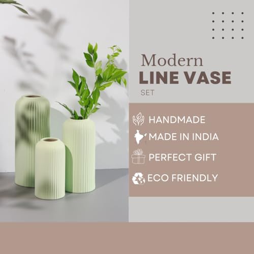 Craftribal's Modern Ceramic Flower Vase for Living Room, Set of 3 Flower Pots for Home Decoration, Vertical Striped Line Vase Light Green - Image 5