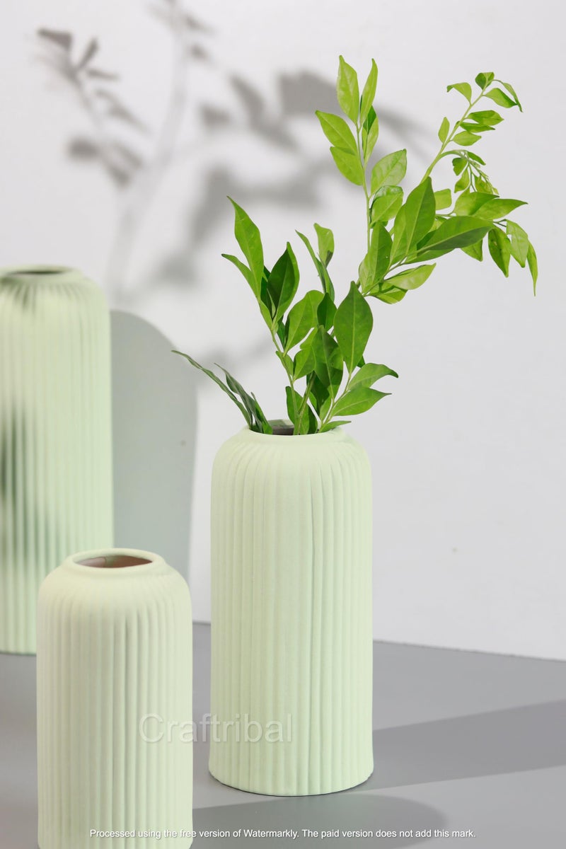 Craftribal's Modern Ceramic Flower Vase for Living Room, Set of 3 Flower Pots for Home Decoration, Vertical Striped Line Vase Light Green - Image 2