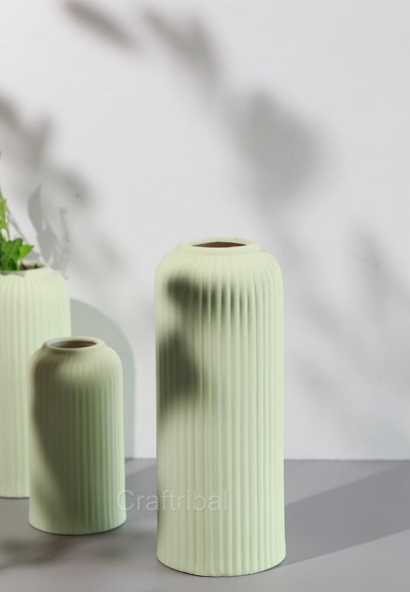 Craftribal's Modern Ceramic Flower Vase for Living Room, Set of 3 Flower Pots for Home Decoration, Vertical Striped Line Vase Light Green - Image 3