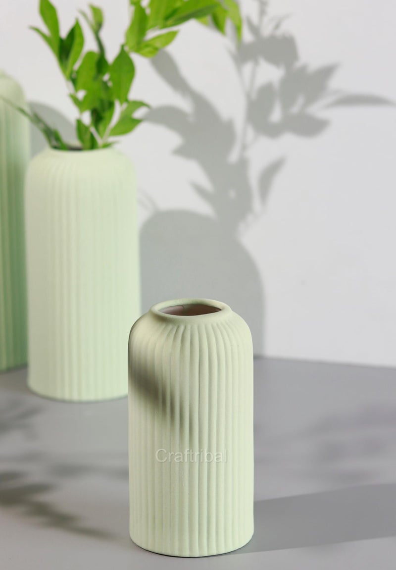 Craftribal's Modern Ceramic Flower Vase for Living Room, Set of 3 Flower Pots for Home Decoration, Vertical Striped Line Vase Light Green - Image 4