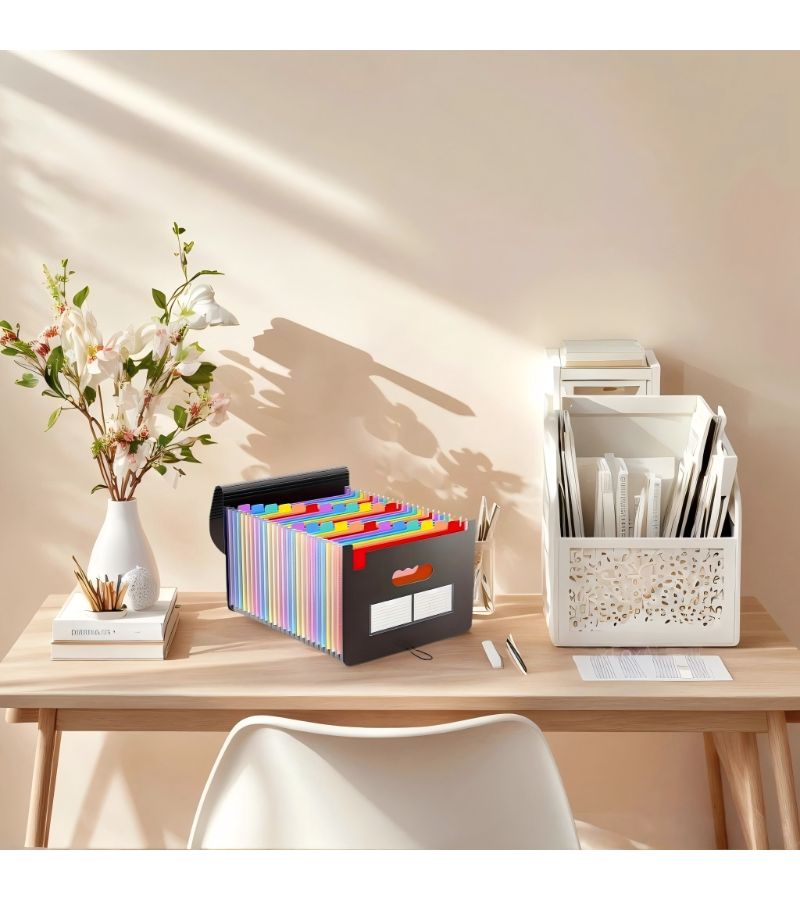 25 Layer Colored Inner File Expandable Accordion File Box Plastic Vertical File Folder A4 Letter Size Storage Box For Office School Home Document Receipt Organizer Desktop File Rack - Image 1