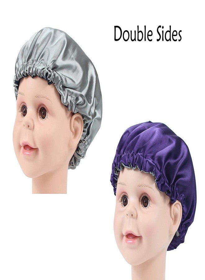 DEHMAN Kids Satin Bonnet Sleeping Cap Hair Bonnet Double Layered Adjustable Reversible Silky Night Hat for Natural Hair Teens Toddler Child Baby (Purple Silver) - Image 5