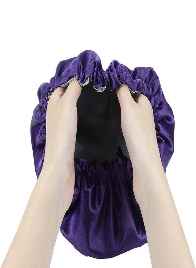 DEHMAN Kids Satin Bonnet Sleeping Cap Hair Bonnet Double Layered Adjustable Reversible Silky Night Hat for Natural Hair Teens Toddler Child Baby (Purple Silver) - Image 4