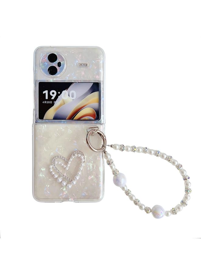 Case Cover For vivo X Flip Pearlescent Shell Texture Heart Pattern Phone Case with Bracelet White
