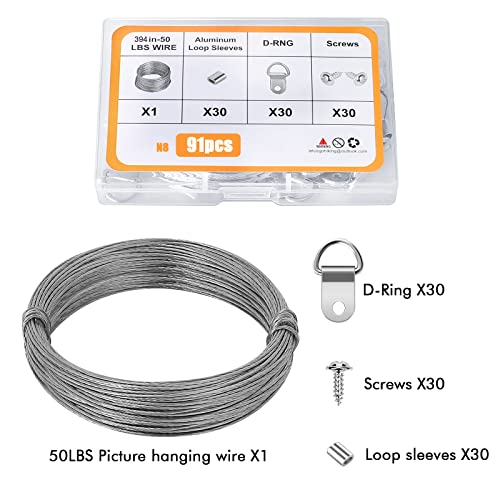 ROBUST Picture Hanging Hardware with Wire - ROBUST 91pcs Picture Hanging Kit, Wall Hooks for Hanging Pictures with Wire, Screw, D Ring, Loop Sleeves for Picture Frame, Mirror, Art(N8) - Image 2