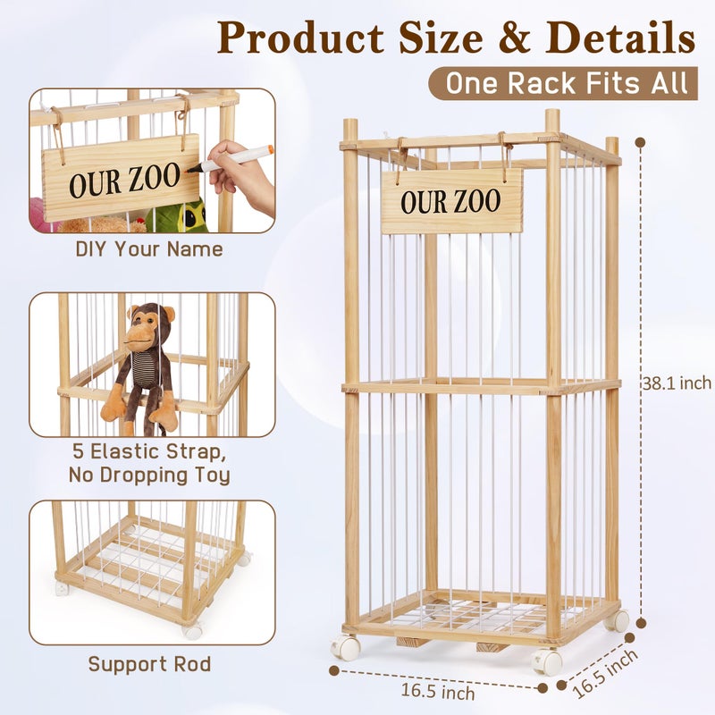 Edudif Stuffed Animal Storage Zoo, Wooden Stuffed Animal Organizer with Removable Wheels & 5-Row Elastic Cords, Space-Saving Plush Toy Storage Holder for Playroom, Bedroom, Nursery - Image 3
