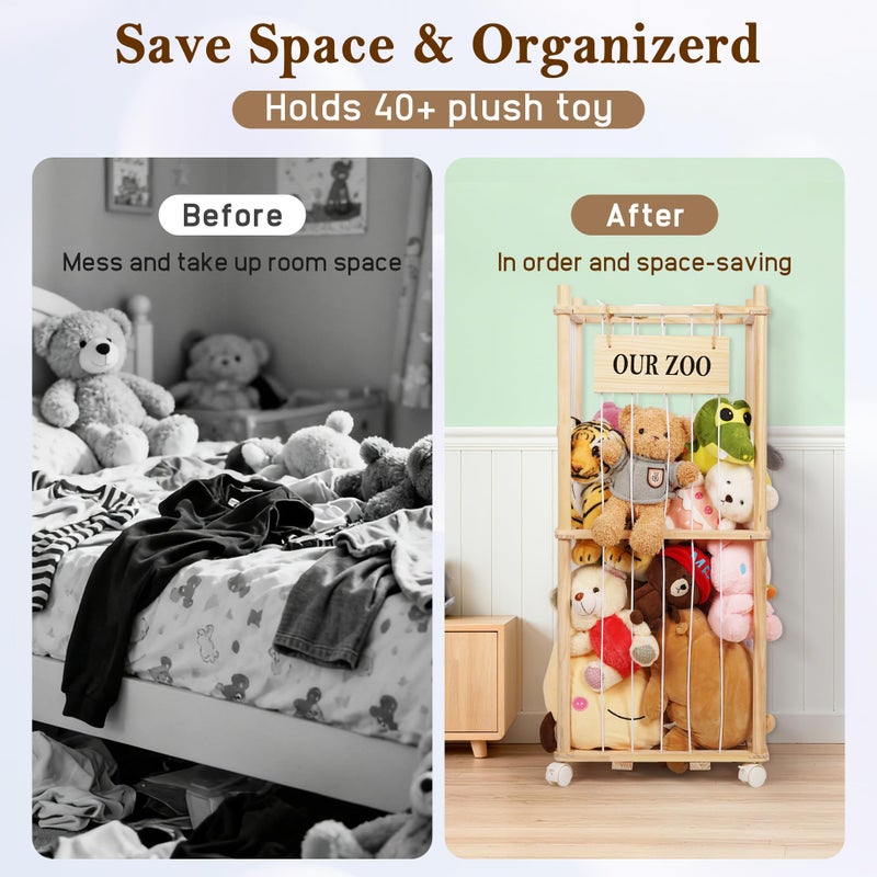 Edudif Stuffed Animal Storage Zoo, Wooden Stuffed Animal Organizer with Removable Wheels & 5-Row Elastic Cords, Space-Saving Plush Toy Storage Holder for Playroom, Bedroom, Nursery - Image 5