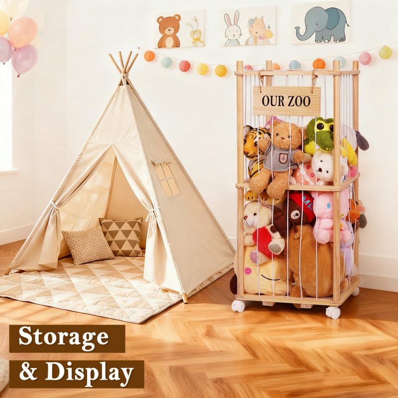 Edudif Stuffed Animal Storage Zoo, Wooden Stuffed Animal Organizer with Removable Wheels & 5-Row Elastic Cords, Space-Saving Plush Toy Storage Holder for Playroom, Bedroom, Nursery - Image 2