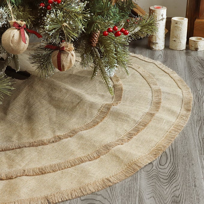 Christmas Tree Skirt 48 inches Natural Burlap Jute Plain with Tassels Rustic Xmas Holiday Decoration