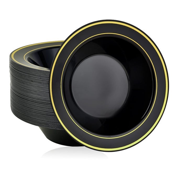 50PCS BLACK PLASTIC BOWLS WITH GOLD RIM12OZ CHRISTMAS THANKSGIVING PREMIUM DISPOSABLE SOUP DESSERT SALAD BOWLS FOR WEDDINGPARTYHALLOWEEN